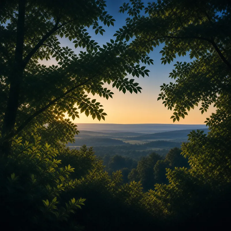 Sunlit leafy branches frame a view of misty layered forested hills beneath a gradient sky from golden horizon to deep blue.