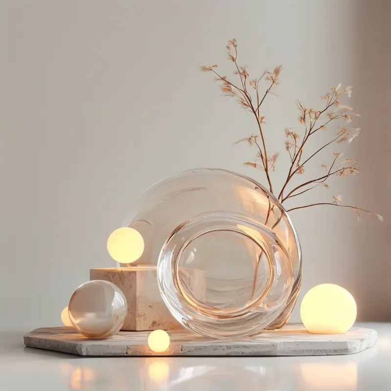A clear glass vase rests tilted beside frosted spheres and glowing orbs with dry branches on a stone platform.