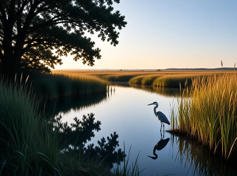 A solitary great blue heron stands in the shallow water of a marsh, surrounded by tall golden reeds and the dark silhouette of a large tree on the left side, reflecting the calm sky and warm sunset colors in the still surface.