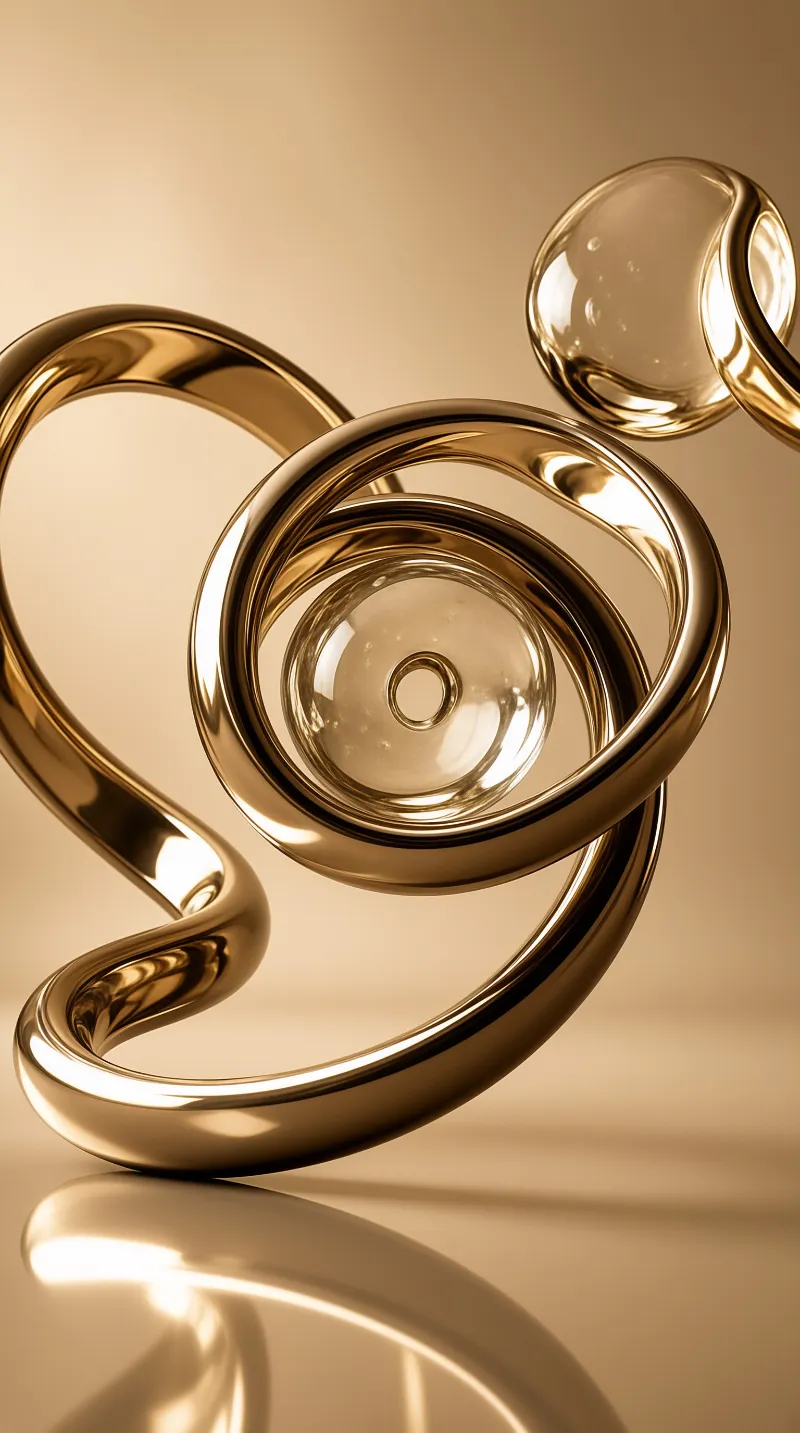 Interlocking ribbons of polished gold metal curve through space beside transparent glass baubles on a warm beige stage.