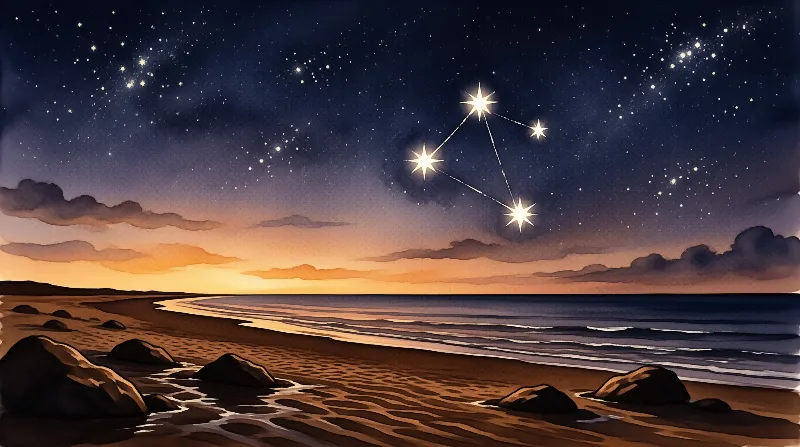 A bright star constellation hangs in a deep blue sky above a sandy beach with waves and rocks during twilight.