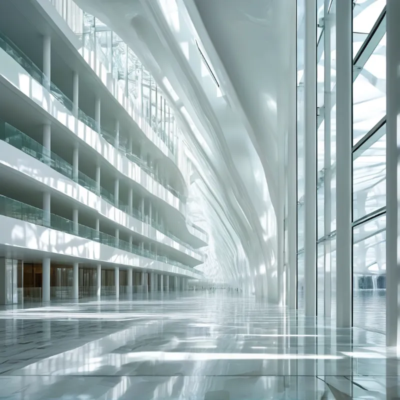 A spacious white interior featuring glass balconies and sunlight reflecting off a polished stone floor.