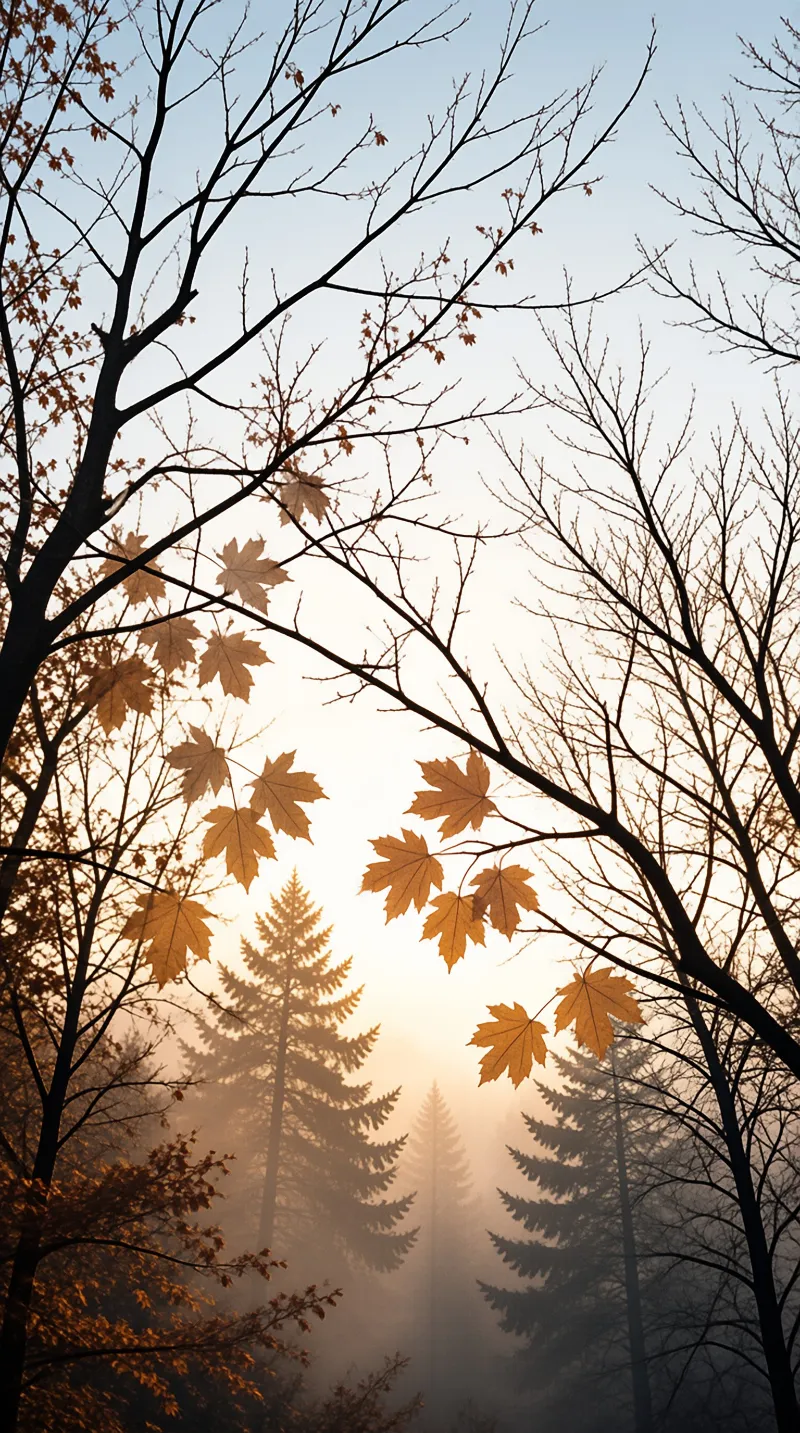 Golden maple leaves hang from bare branches, backlit by warm sunlight, above a foggy coniferous forest beneath a pale sky.