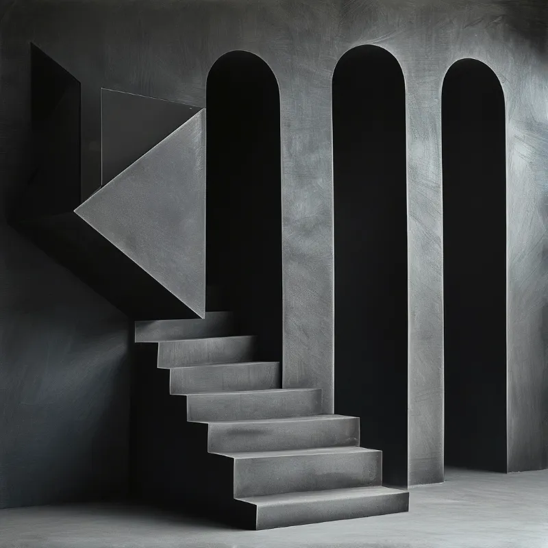 Monochrome concrete staircase with a triangular slab overhead ascends toward three tall dark arched doorways.