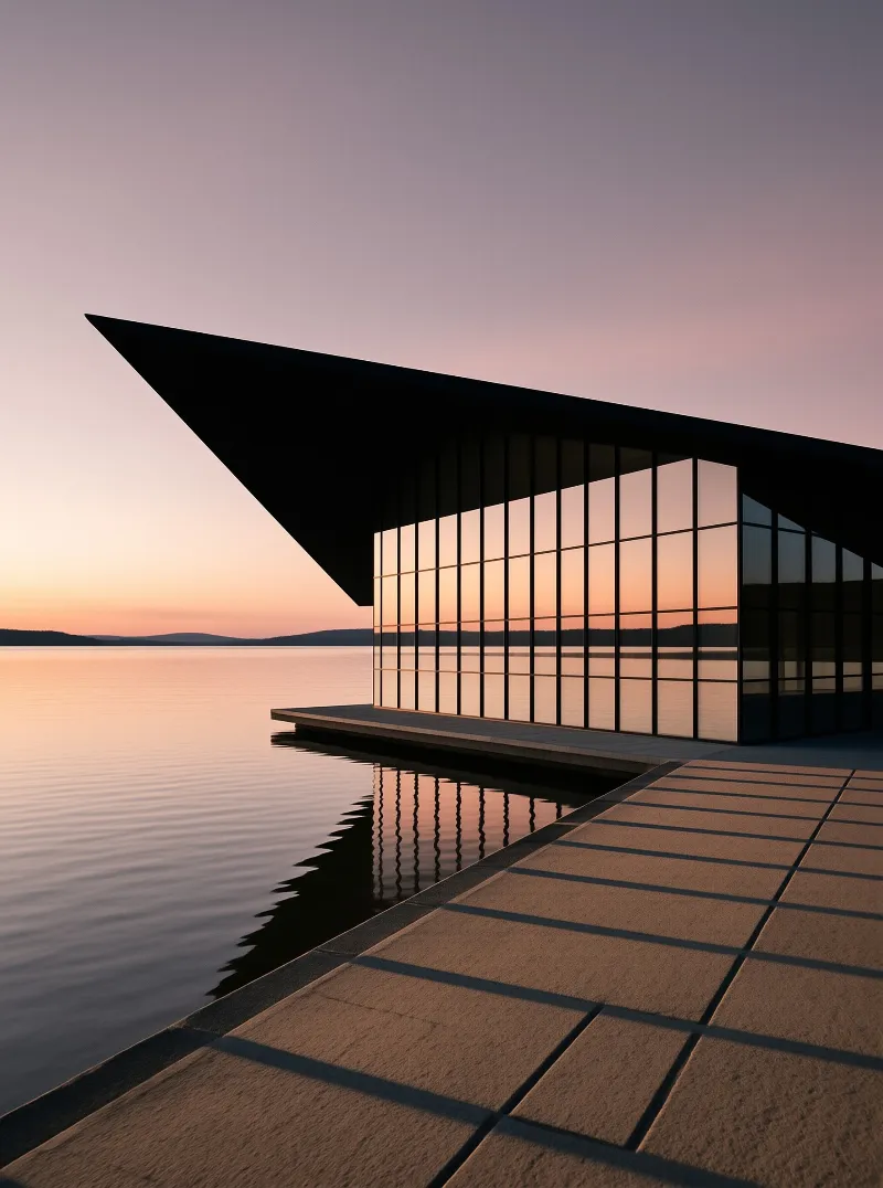 A sharply angled dark roof cantilevers over a mirrored glass hall beside a calm lake at the last light of sunset.
