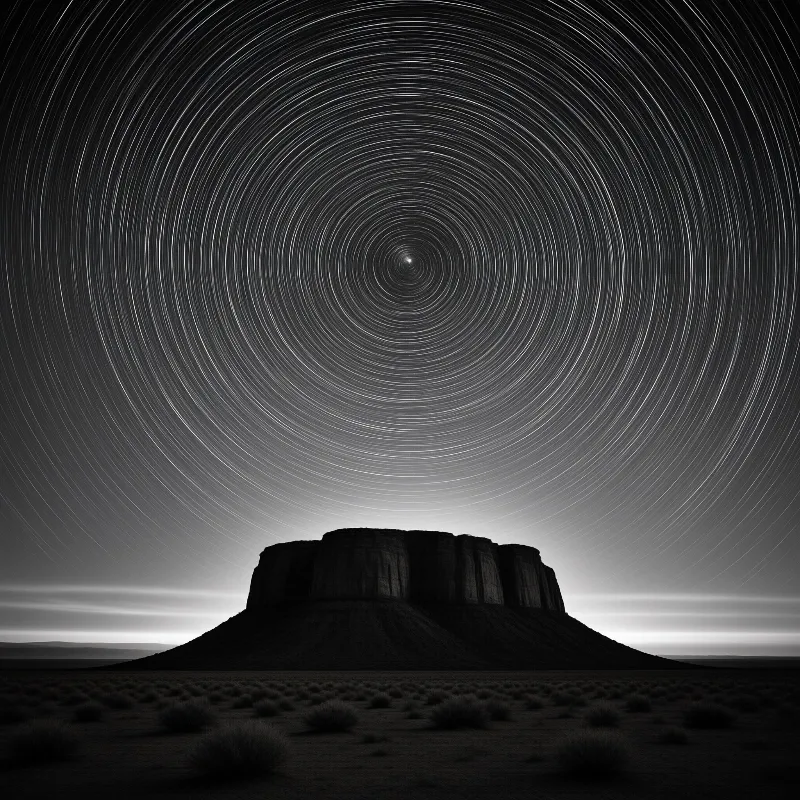 Concentric rings of light trace the night sky above a dark flat topped mountain rising from a barren desert plain.