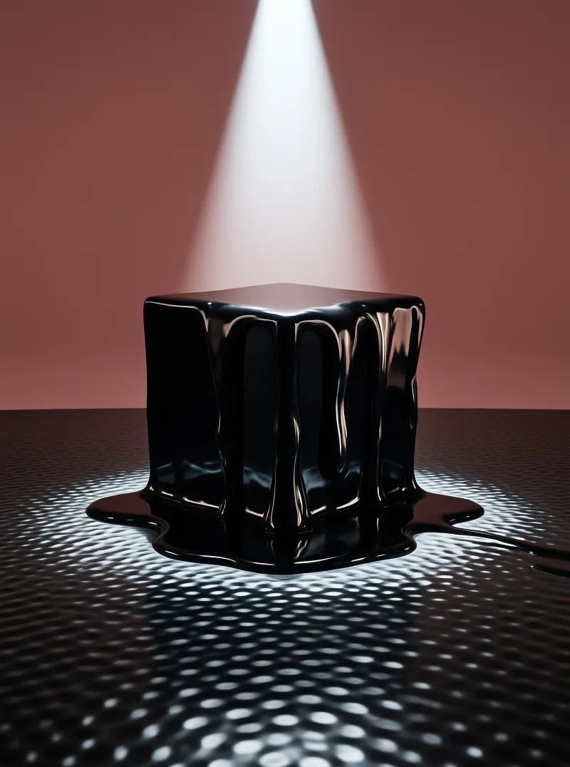 A shiny black cube melts onto a perforated surface as a vertical beam of light illuminates it from above.