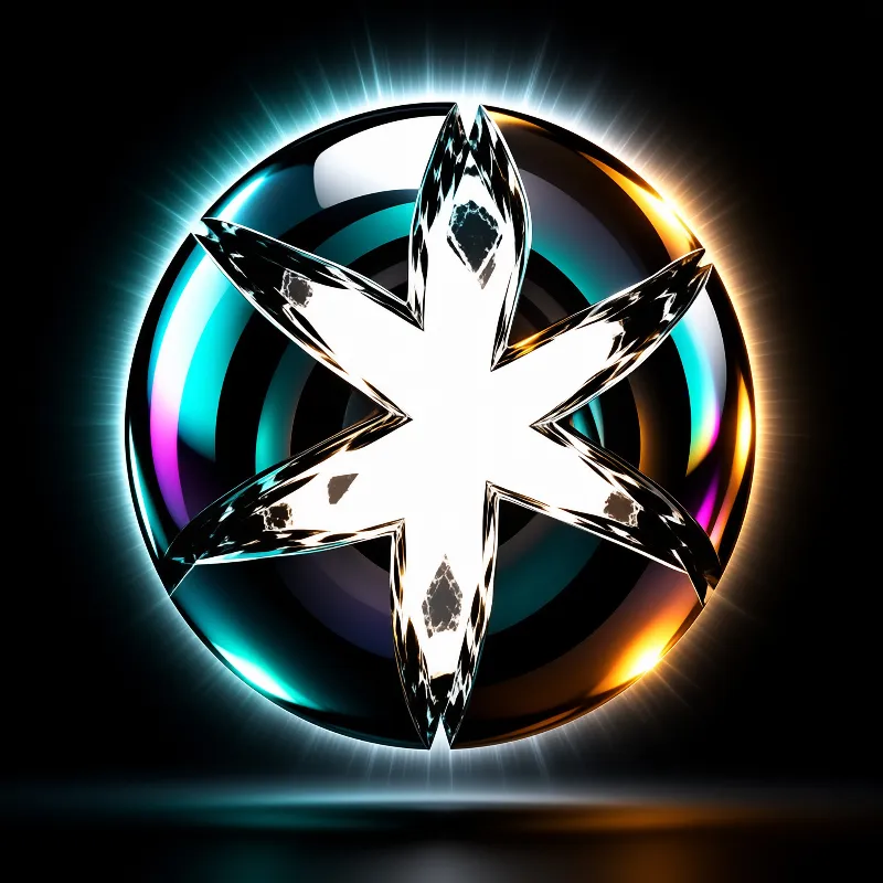 A shiny faceted chrome six pointed star sits inside a mirrored circular disc that gives off glowing cyan and gold light on a black background.
