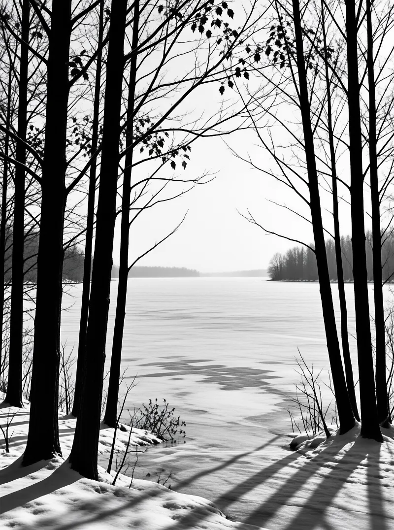 Dark tree trunks line a frozen lake covered in snow while long shadows stretch across the ground under a bright winter sky.