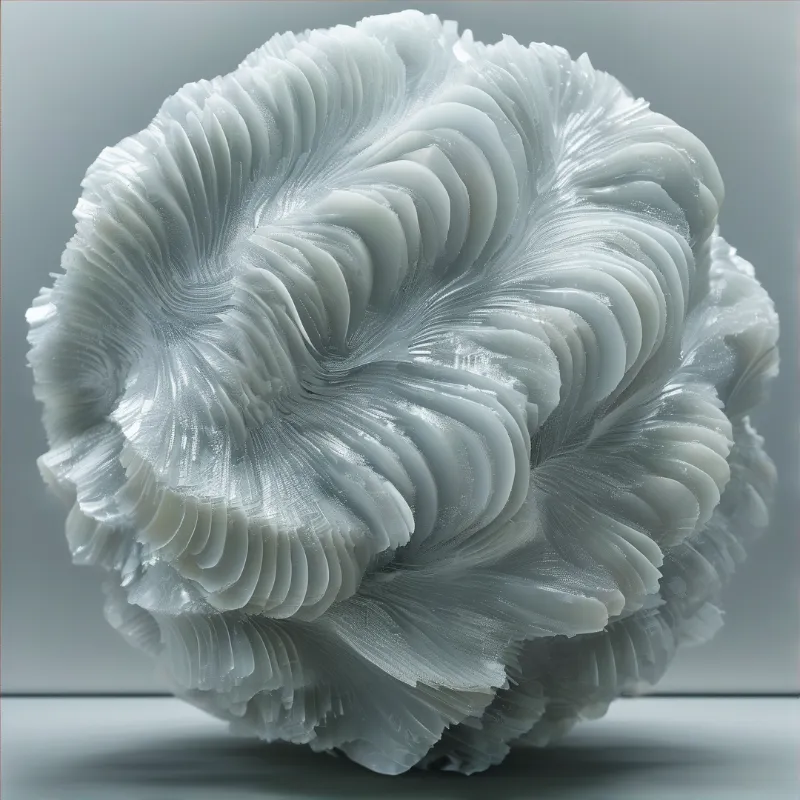 A 3D-printed sculpture of layered white ruffled fins forms an organic rounded mass.