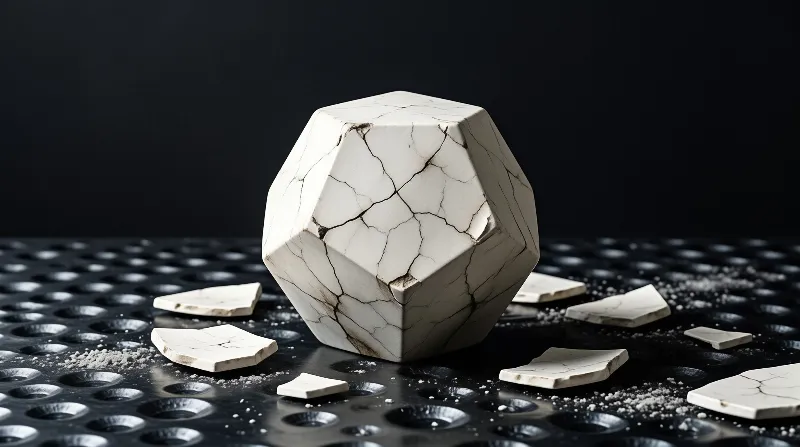 A faceted off-white shape with dark fracture lines stands on a black textured base while broken fragments scatter across the ground beneath dramatic lighting