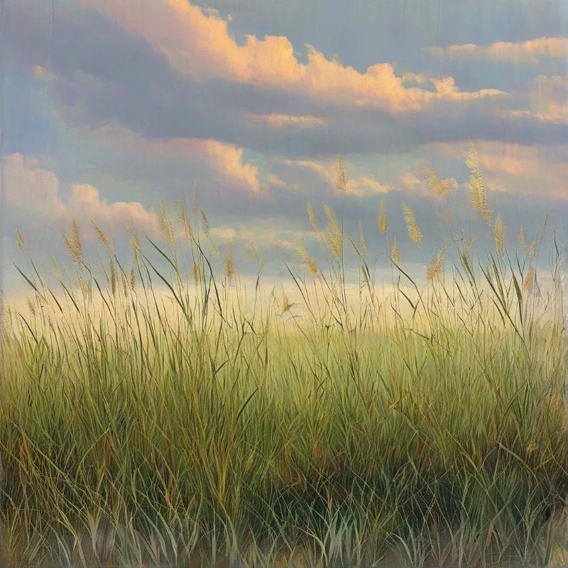 A field of tall golden grasses swaying beneath a sky filled with soft pink and blue clouds during sunset.