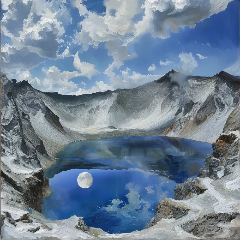 A deep blue alpine pool sits inside grey volcanic walls, holding a pale moon disc amid drifting summer clouds.