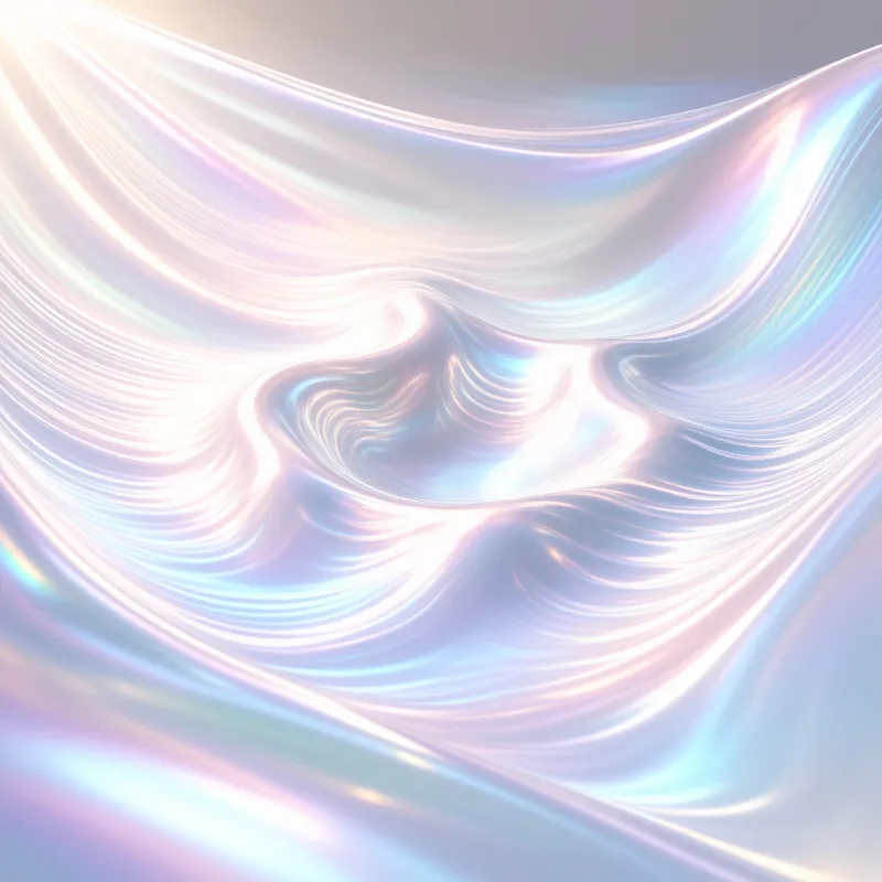 Abstract liquid surface features flowing iridescent gradients in pastel blue and pink tones curving across the frame.