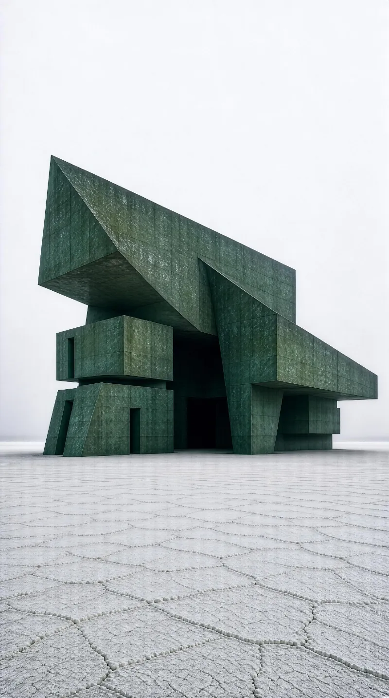 A geometric concrete structure with angular forms stands on a vast white salt flat under an overcast sky.