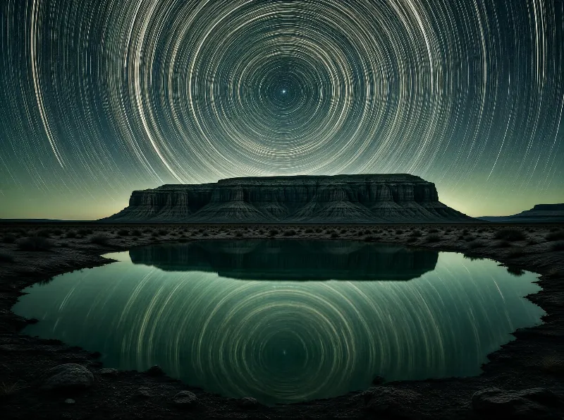 A large desert mesa stands under a sky with star trails, reflected in a still pond below.