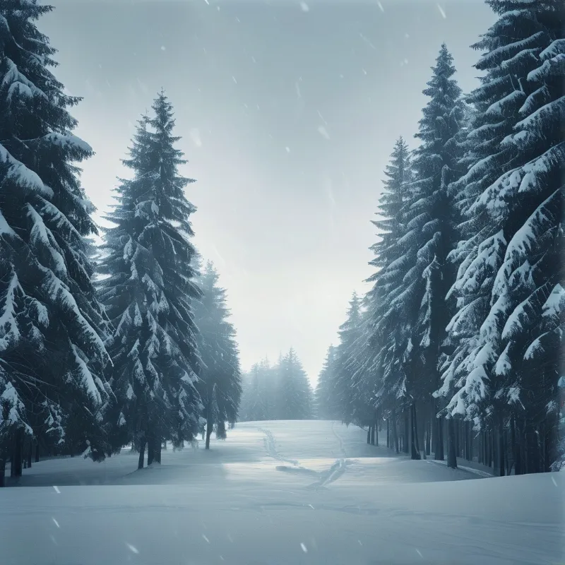 A snow covered path winds between tall evergreen trees under a dim blue winter sky.