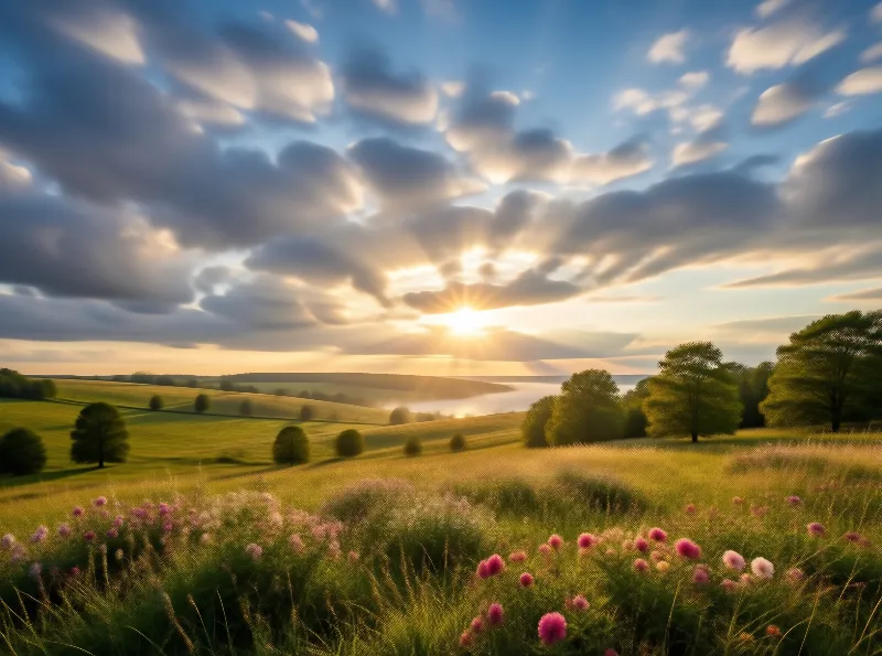 Sunlit Rolling Meadow Sunset