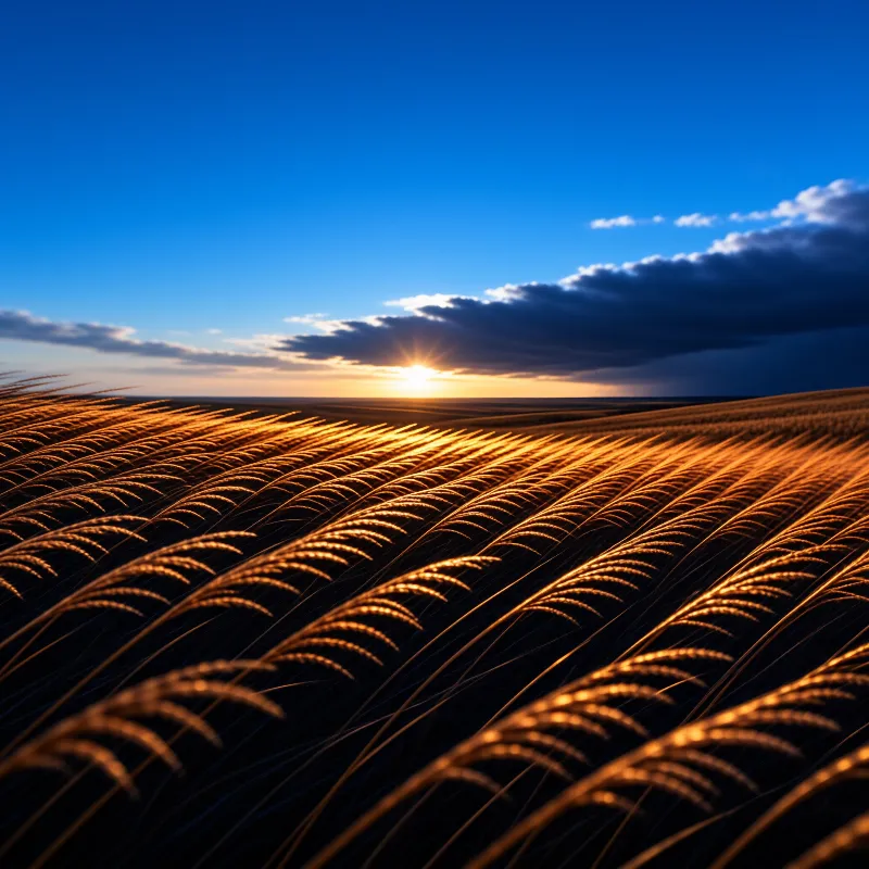 Ripe wheat stalks ripple across a field under a blue sky with the sun shining through clouds near the horizon.