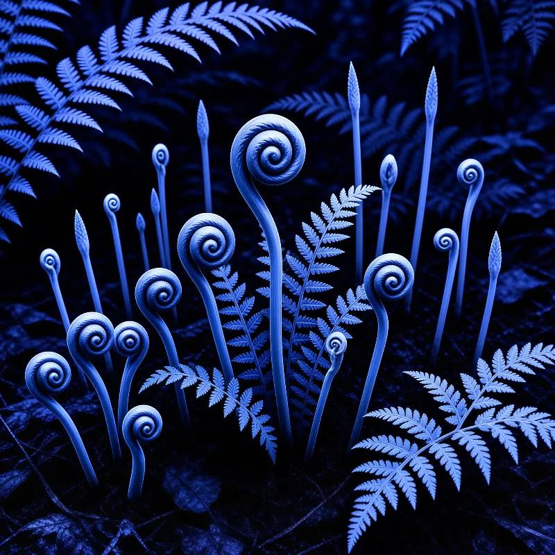 Curled fern fiddleheads and mature fronds illuminate a dark scene in vivid monochromatic blue hues.