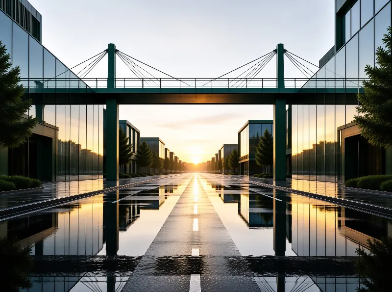 A green pedestrian bridge spans a wet city street lined with glass buildings as the sun sets on the horizon.