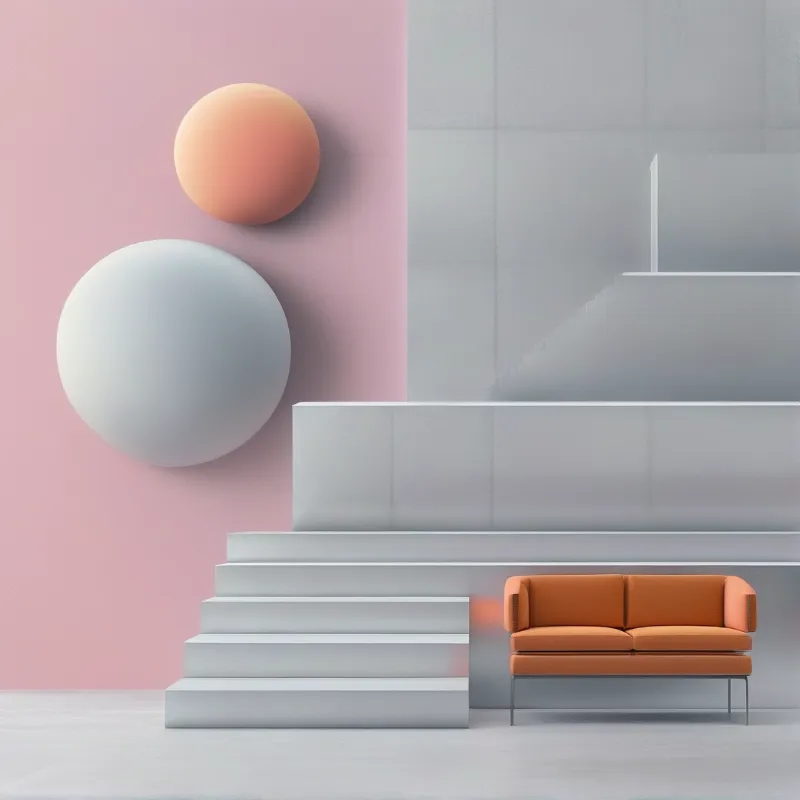 An interior space features a peach sphere and a white sphere on a pink wall beside a white staircase and an orange sofa.