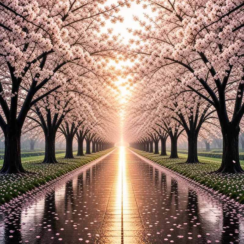 A symmetrical row of blooming cherry trees frames a wet stone path reflecting the bright golden rays of morning sunlight.