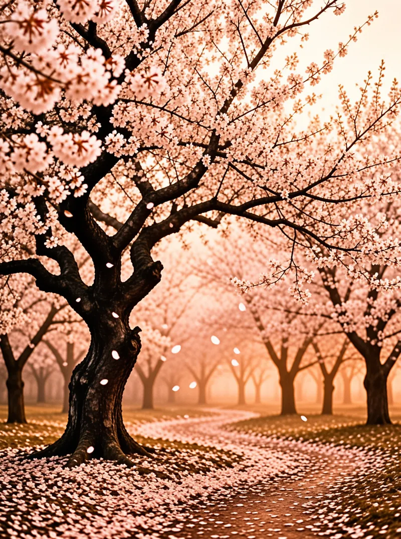 A mature tree with dark bark and light pink flowers stands in a grove where warm sunlight filters through falling petals.