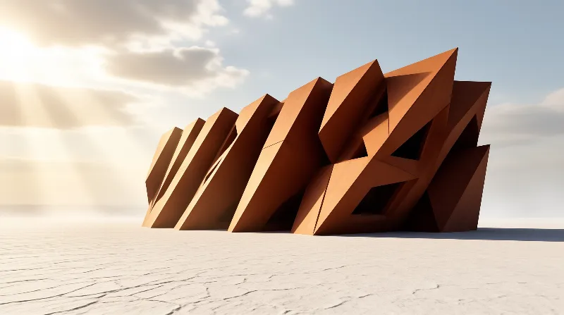 A rust-colored geometric structure with sharp facets stands alone on a cracked white plain under bright sunlight.