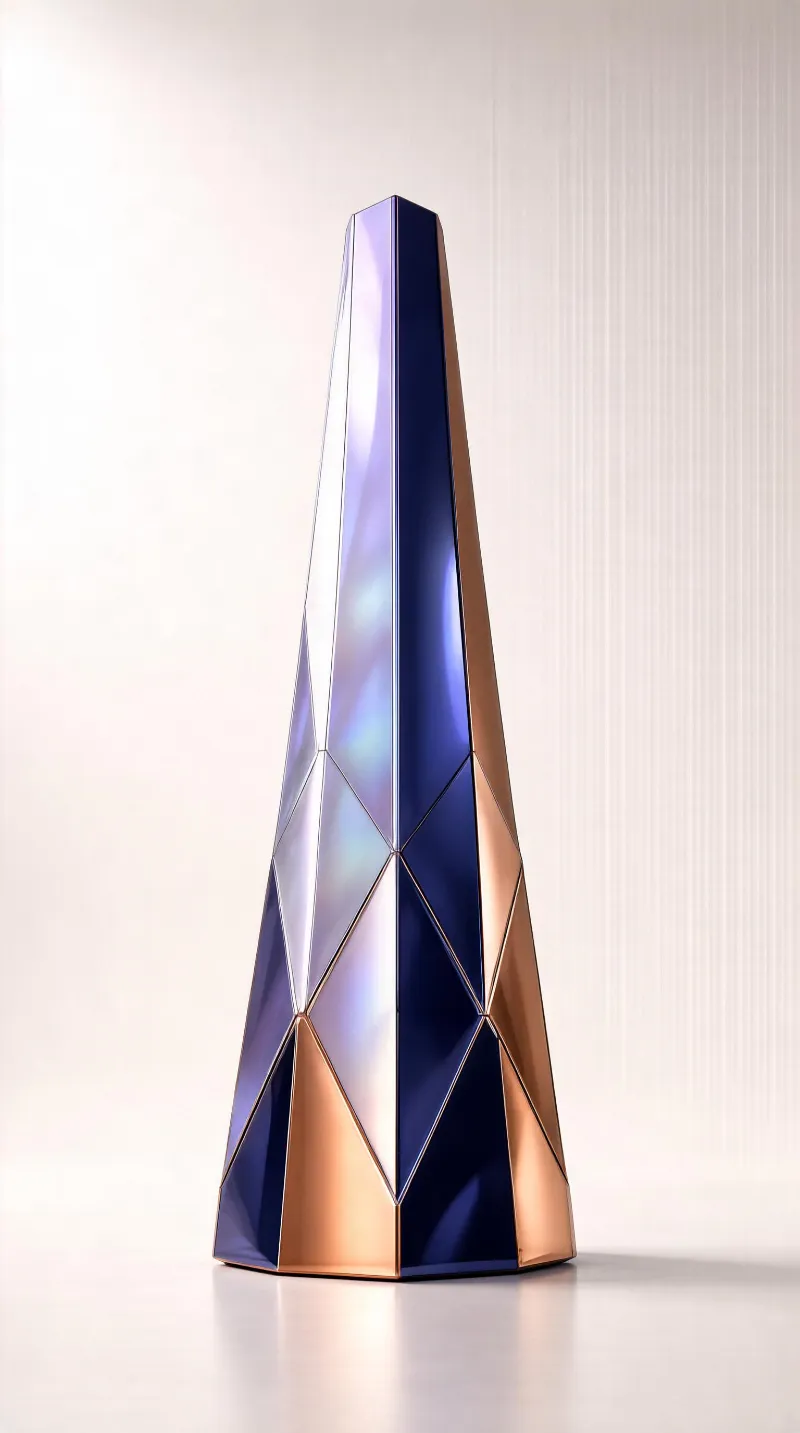 A tall geometric sculpture with triangular facets in blue, copper, and iridescent hues stands on a smooth light background, illuminated by soft, even light.