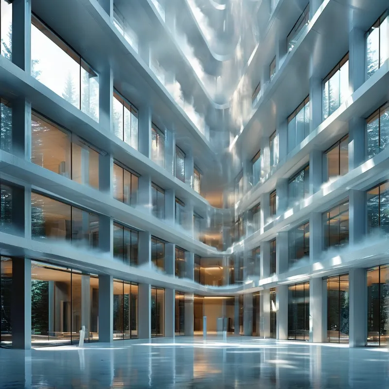 This open indoor atrium features layered glass floors and soft hazy sun streaks filling its cool reflective space.