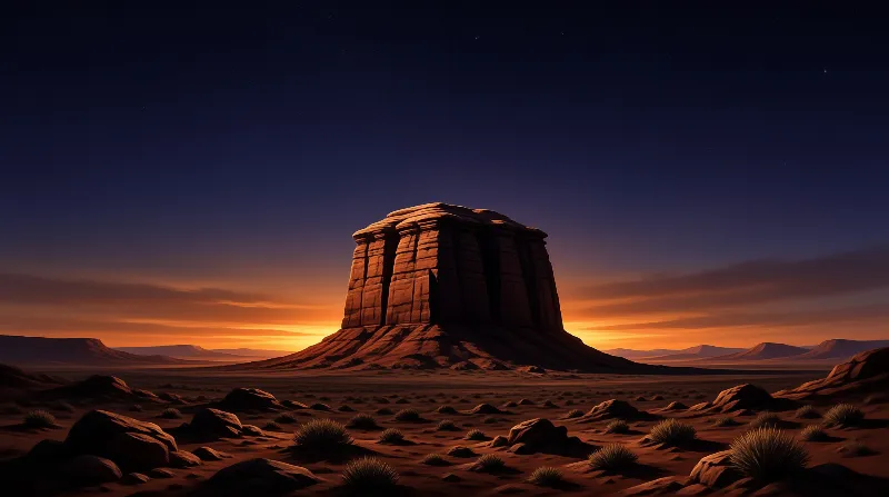 A large rocky formation rises above a desert plain while the sky glows with orange sunset colors and deep blue night hues.