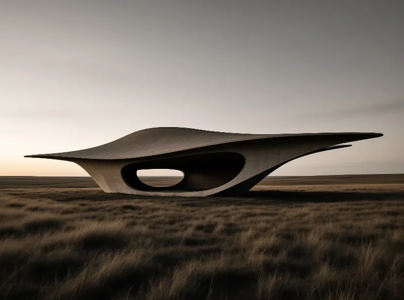 A large curved concrete structure sits alone in a wide open field under a gradient sky.