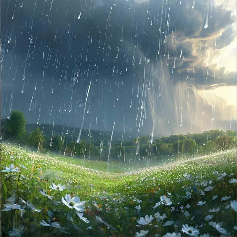 Silver threads of rain fall across a wildflower field as dark clouds part to let low sunlight through.
