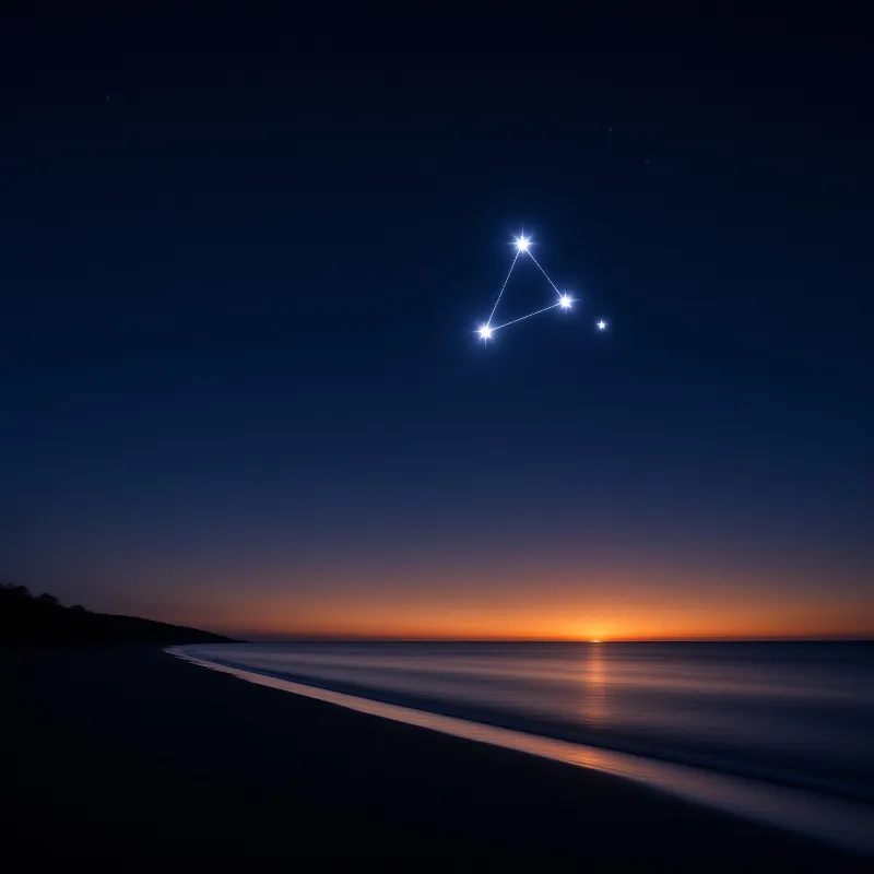 A star constellation hangs in a deep blue sky above a calm ocean horizon with an orange sunset glow reflecting on water.