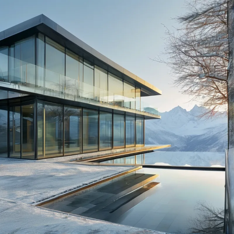 Sleek glass building extends over a snowy landscape as warm light highlights wooden terraces and distant mountain peaks.