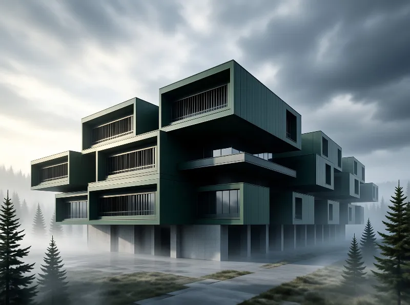 A dark green modular building with stacked boxes sits on concrete stilts in a misty forest under cloudy skies.
