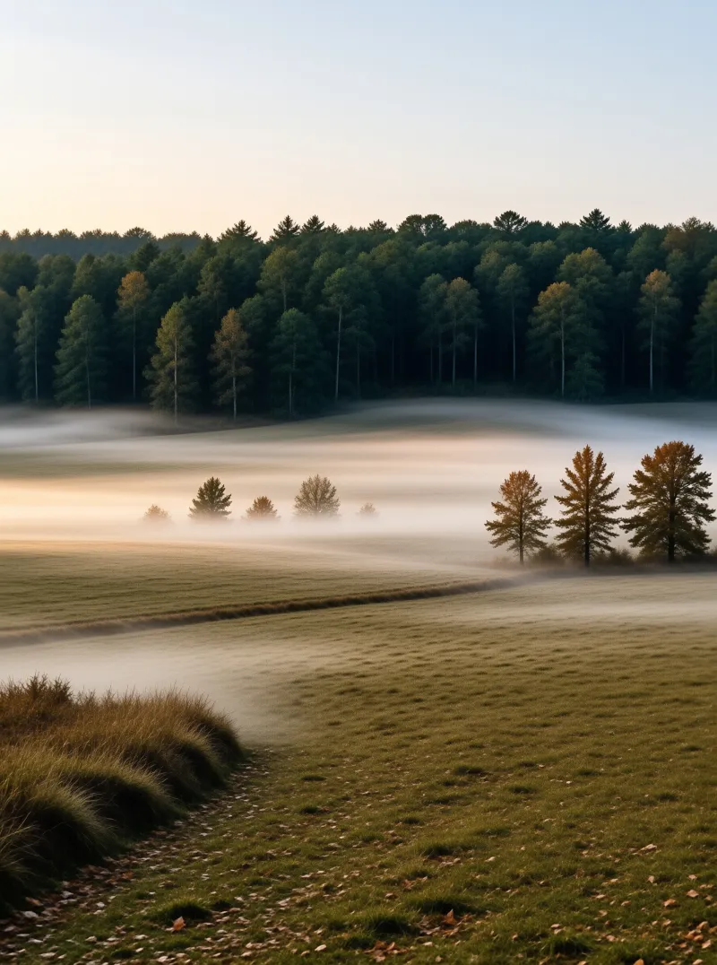 Foggy Dawn Pastoral Scene
