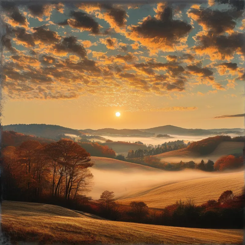 Sunrise illuminating misty valleys and rolling hills filled with autumn trees and dramatic clouds.
