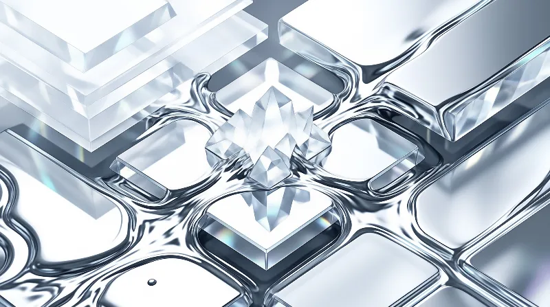 Sharp translucent crystal formations rise from a glossy silver liquid surface catching bright light.