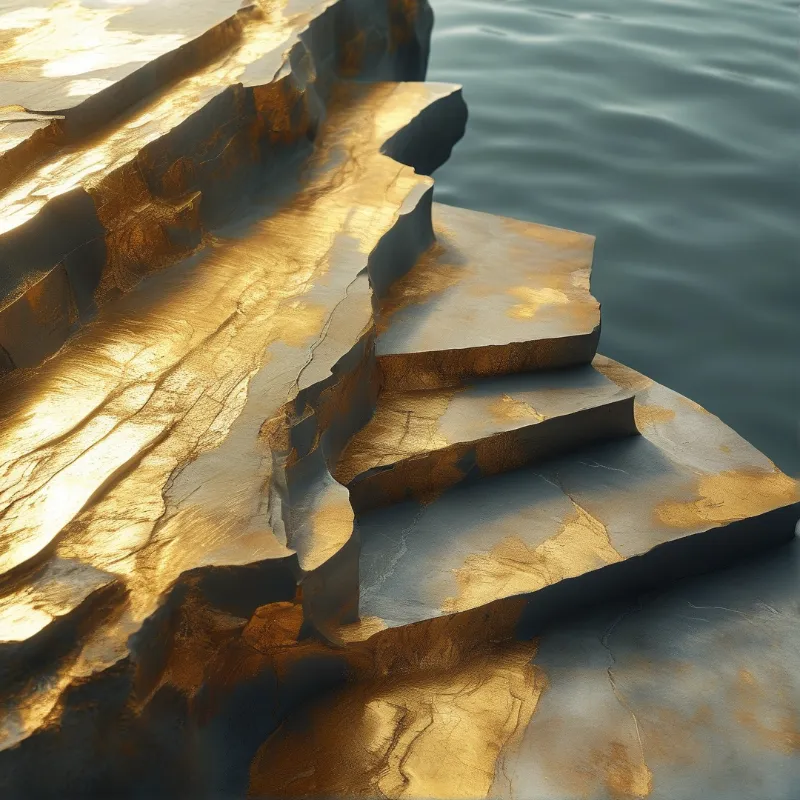 Layers of golden material form stepped edges next to rippling blue water illuminated by bright sunlight.