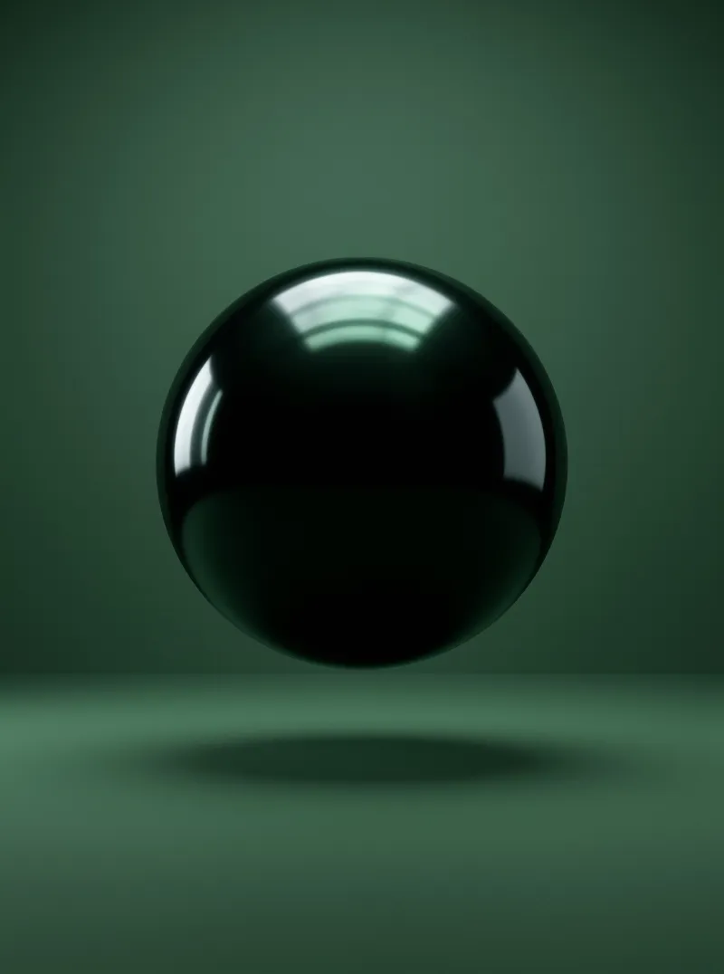 A polished dark sphere floats above a green background, casting a shadow while reflecting bright studio light.