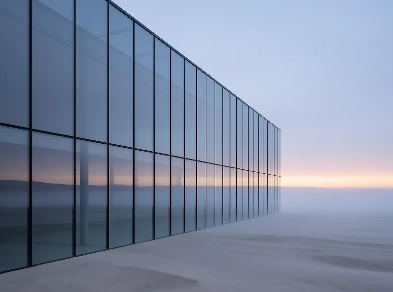 A long wall of blue glass panels mirrors a fading pink sunset across an empty desert floor.