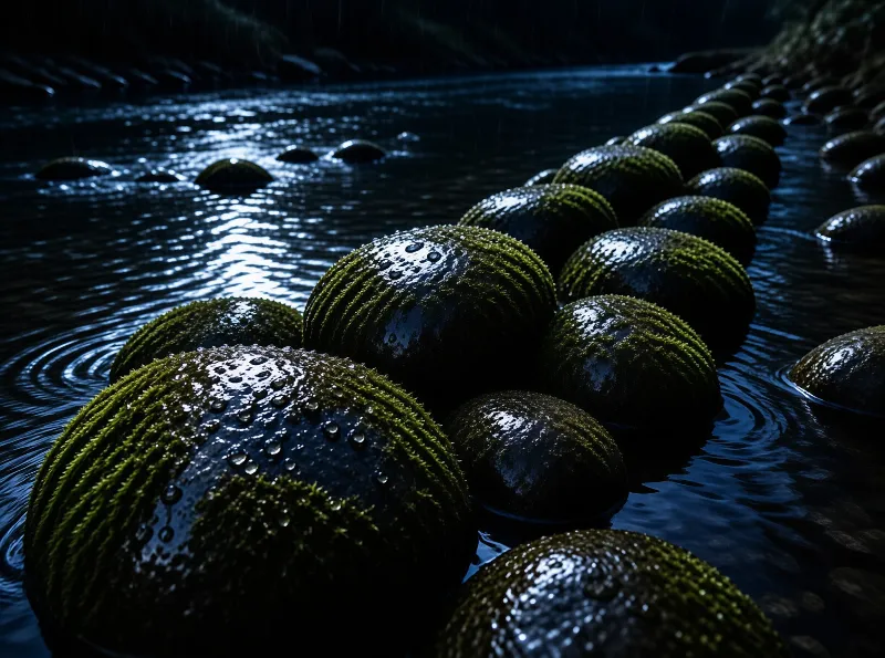 Mossy Stones in Rainy Stream