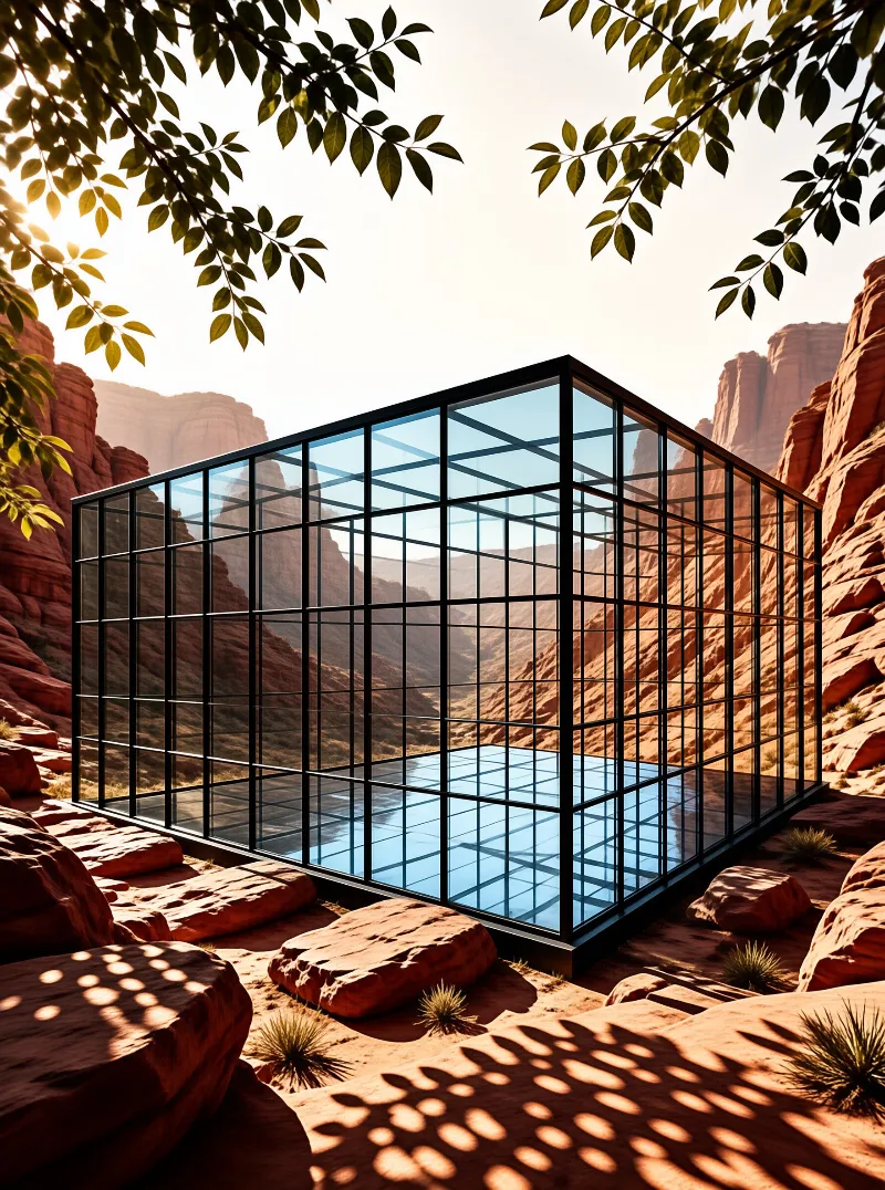 A transparent glass pavilion stands within a desert canyon where tree branches cast shadows on the sandy ground.