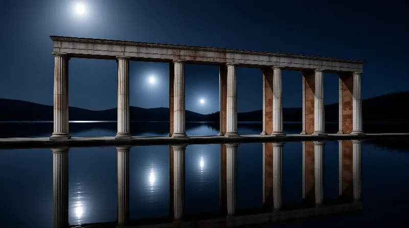 A row of stone columns stands in dark water while three bright moons shine above the horizon.
