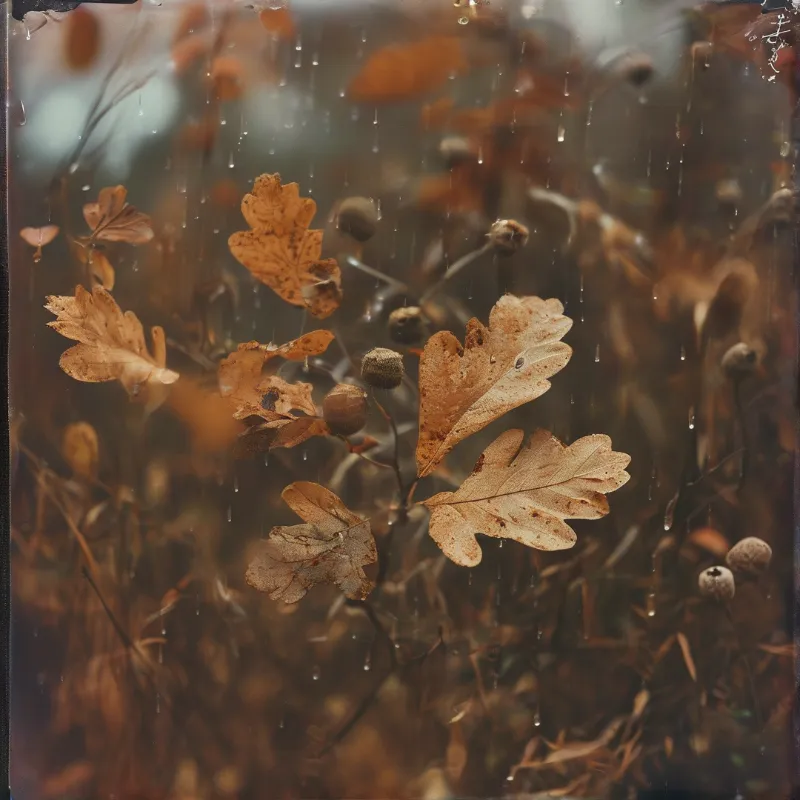 Dried oak leaves and acorns visible through a rain-streaked window pane in muted autumnal tones.