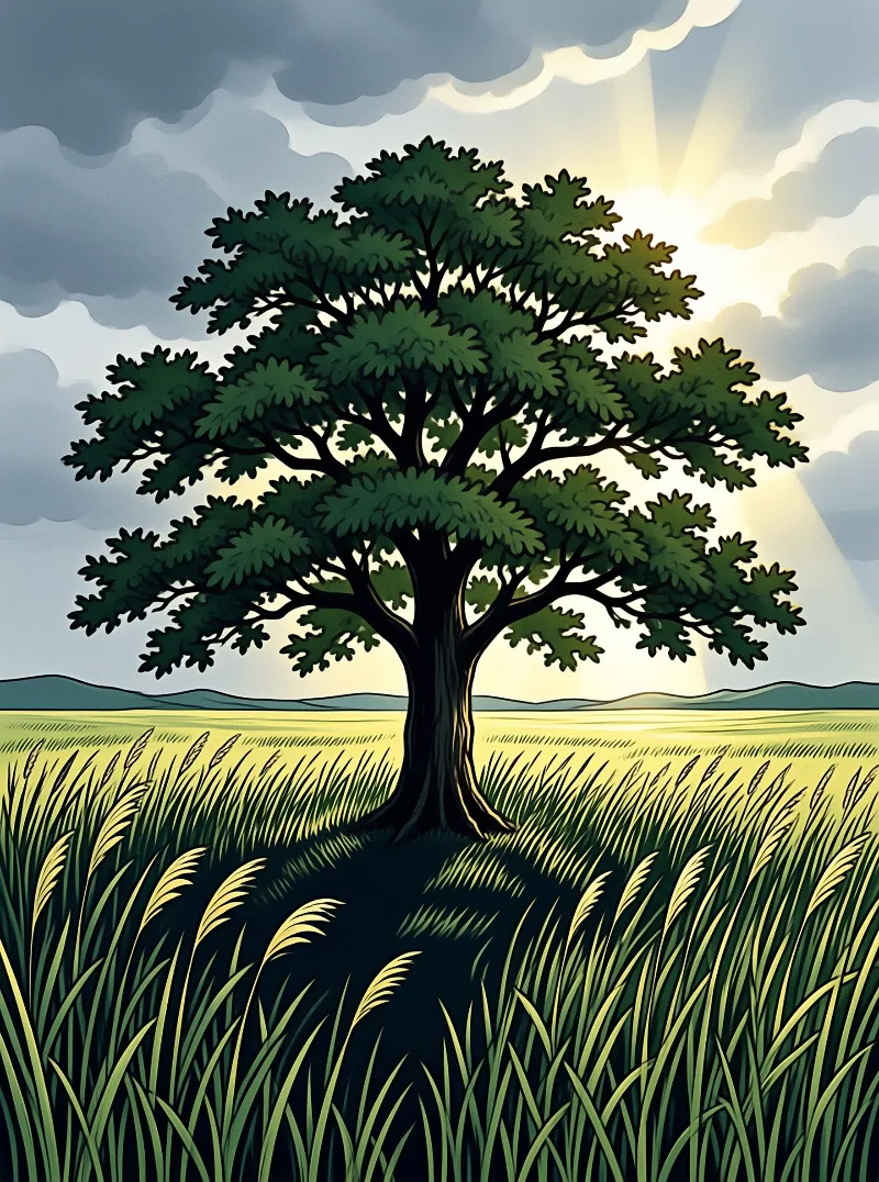 A large leafy tree stands alone in the middle of a grassy field while beams of sunlight shine through dark clouds in the sky creating a contrast between shadow and light.