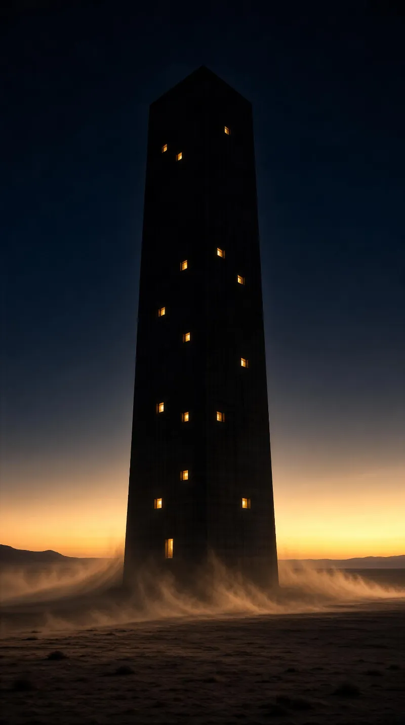 A tall concrete tower with glowing windows stands in a desert at sunset, surrounded by a windblown dust haze
