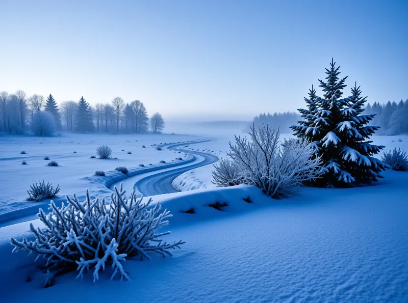 A snow-covered road winds through a frosty winter field with a large snowy pine tree on the right and a foggy blue sky above.